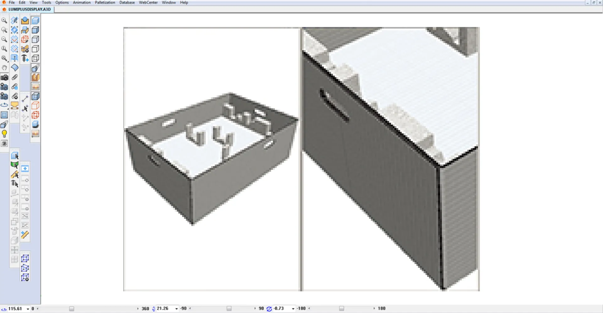 箱の表面に段ボールのテクスチャーが適応されてよりリアルにシミュレーションされている3D