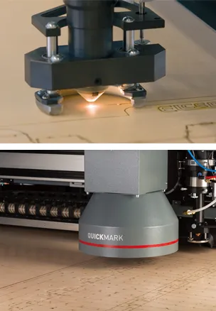 日本製図器工業が販売する生産性と精度を兼ね備えた、最高の抜木型向けレーザー加工機 LASERMATEevo加工中の様子とヘッド