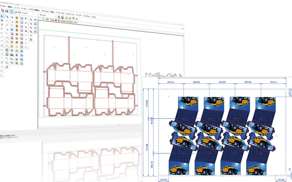 面付けされたパッケージの画面と木型データの図面