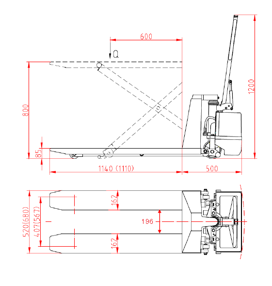 電動自動昇降ハンドフォーク_NSK 機械寸法図面